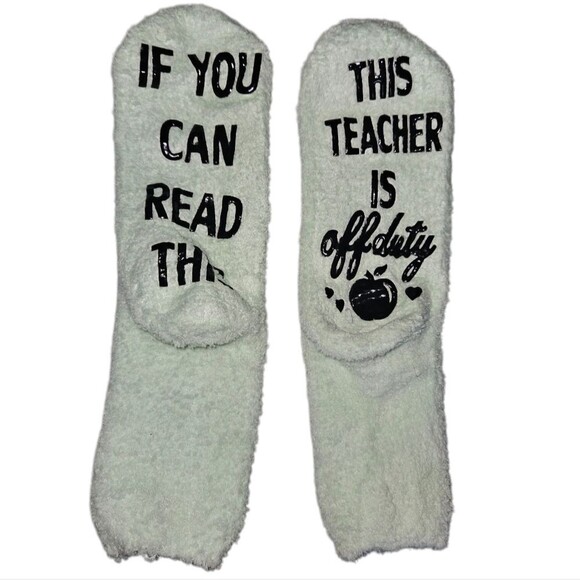 This Teacher is Off Duty Fuzzy Socks Gift Light Green Present Cozy Warm Cuddle - Picture 1 of 2